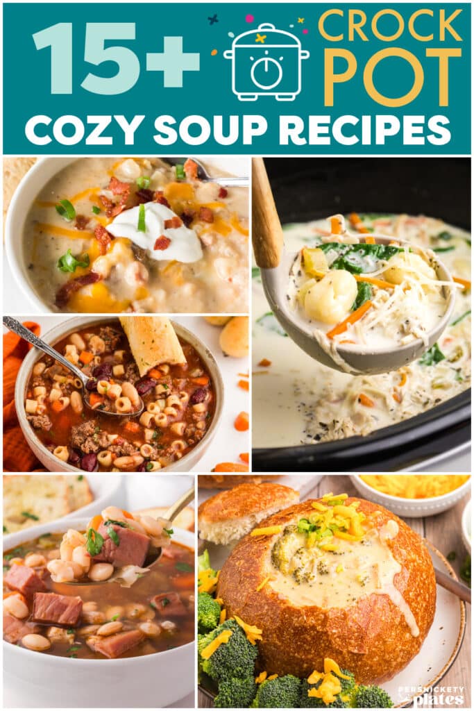 vertical collage featuring multiple bowls of slow cooker soup, including creamy soups, bean soups, and broth-based soups.